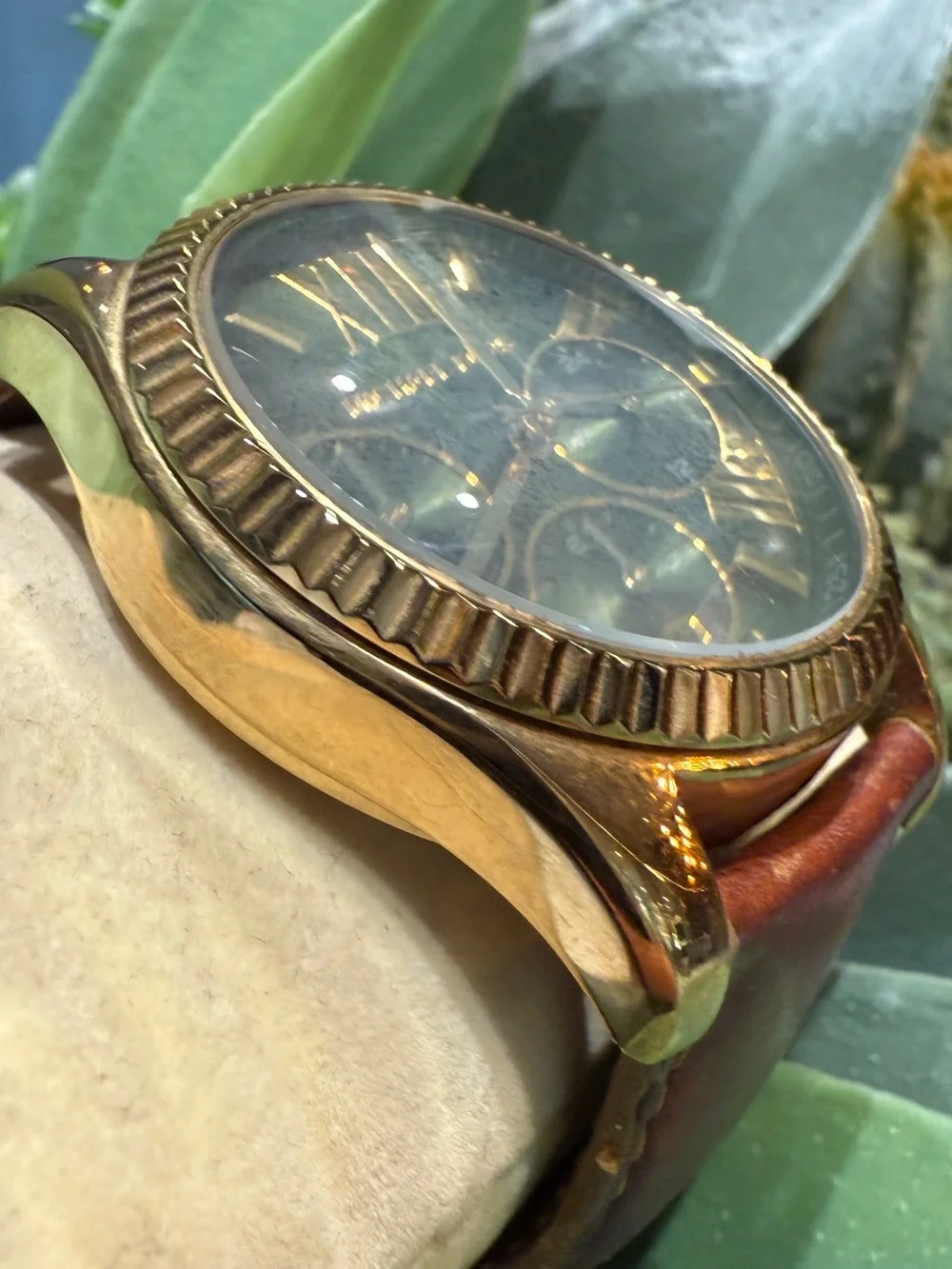 Michael Kors MK2437 Green Dial Chronograph Watch | Gold Tone Brown Leather